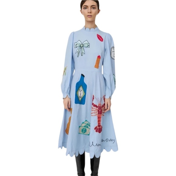 green emerald velvet dress Moon and Star Embroidered Midi Dress